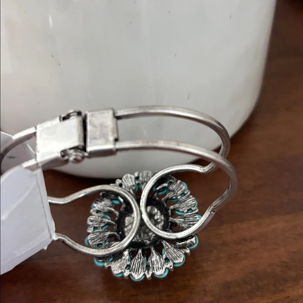 Laura Ford Silvertone double row, faux turquoise stones,Concho,cuff bracelet